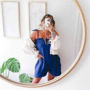 Navy Blue Ruffle Cutout Front Tie Strap Romper